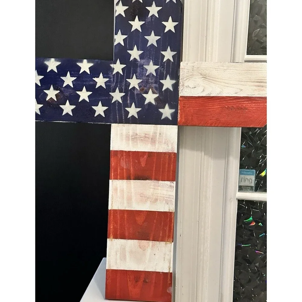 Cross/American Flag, handmade of distressed wood indoor/outdoor 22